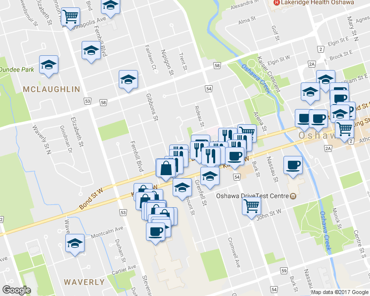 map of restaurants, bars, coffee shops, grocery stores, and more near 360 Buena Vista Avenue in Oshawa