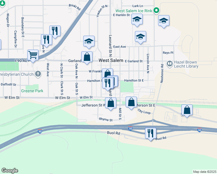 map of restaurants, bars, coffee shops, grocery stores, and more near 126 Leonard Street South in West Salem