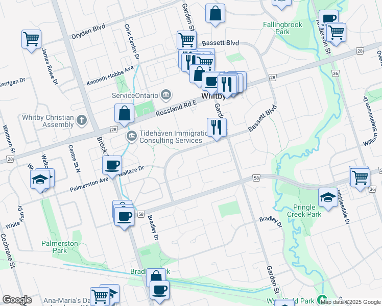 map of restaurants, bars, coffee shops, grocery stores, and more near in Whitby