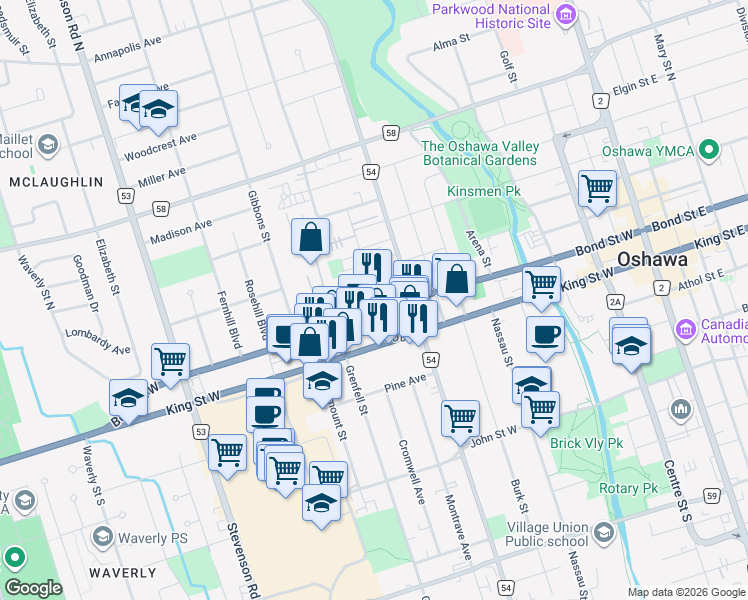 map of restaurants, bars, coffee shops, grocery stores, and more near 305 Buena Vista Avenue in Oshawa