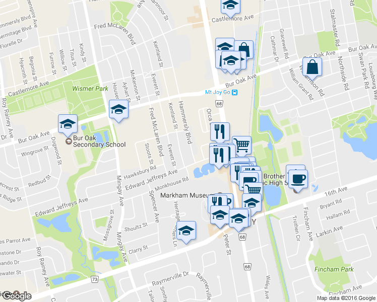 map of restaurants, bars, coffee shops, grocery stores, and more near 16 Hammersly Boulevard in Markham