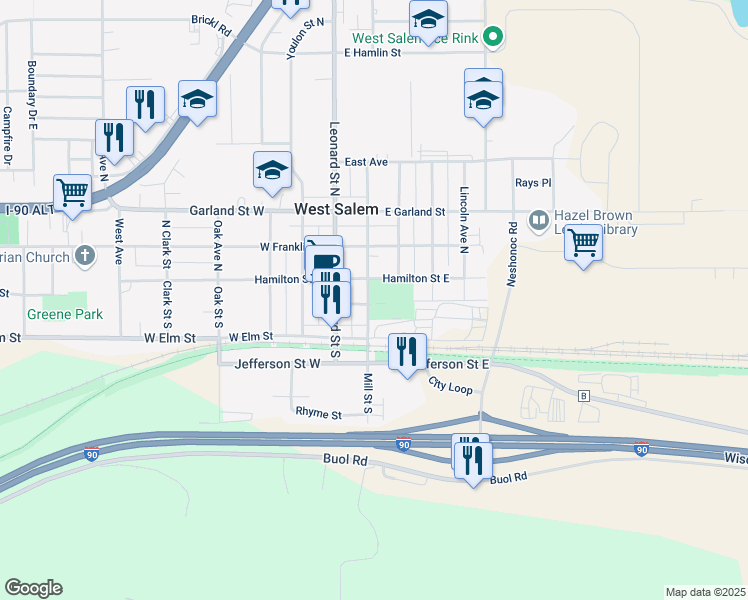 map of restaurants, bars, coffee shops, grocery stores, and more near 125 Mill Street South in West Salem