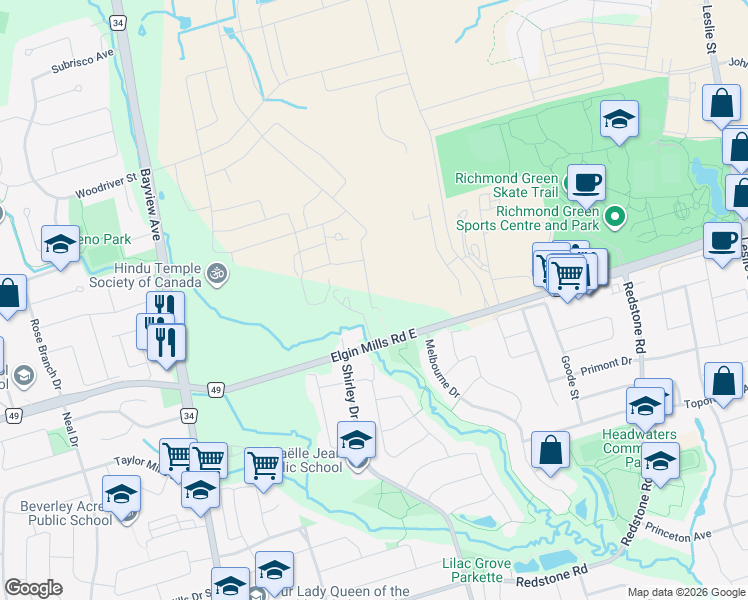 map of restaurants, bars, coffee shops, grocery stores, and more near 11 Steckley House Lane in Richmond Hill