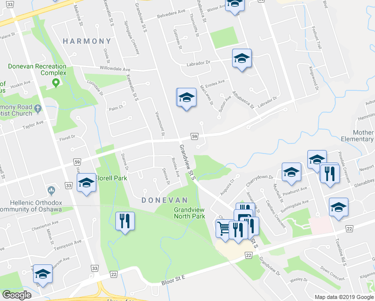 map of restaurants, bars, coffee shops, grocery stores, and more near 363 Grandview Street South in Oshawa