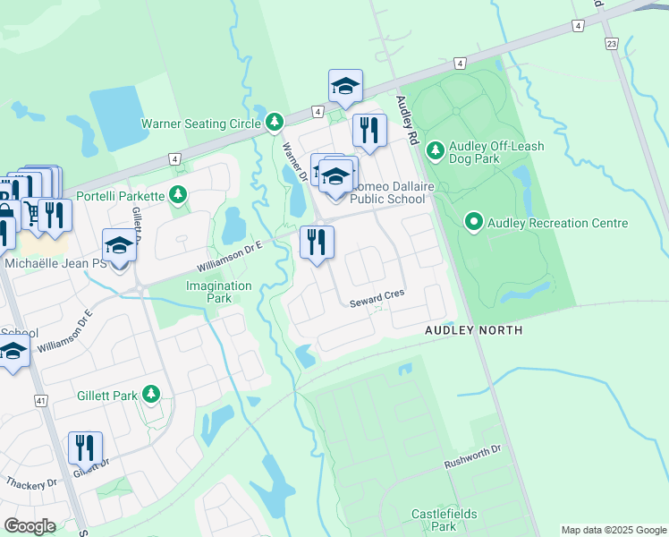 map of restaurants, bars, coffee shops, grocery stores, and more near 27 Seward Crescent in Ajax