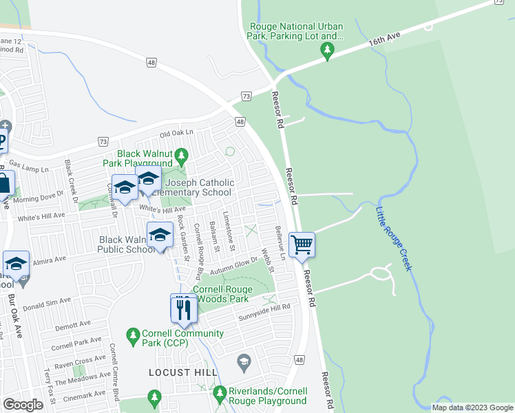 map of restaurants, bars, coffee shops, grocery stores, and more near 1 Waterleaf Road in Markham
