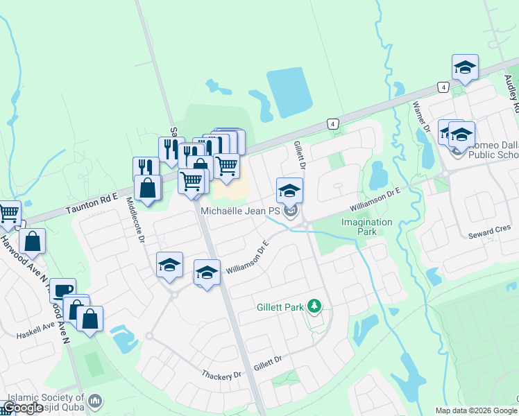 map of restaurants, bars, coffee shops, grocery stores, and more near 6 Gamble Drive in Ajax