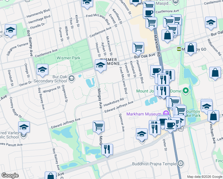 map of restaurants, bars, coffee shops, grocery stores, and more near 34 Prebble Drive in Markham