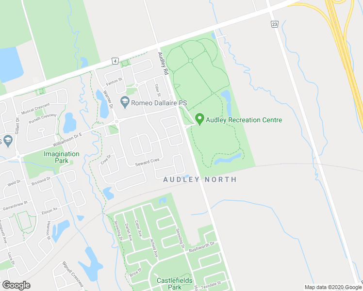 map of restaurants, bars, coffee shops, grocery stores, and more near 22 Marriner Crescent in Ajax