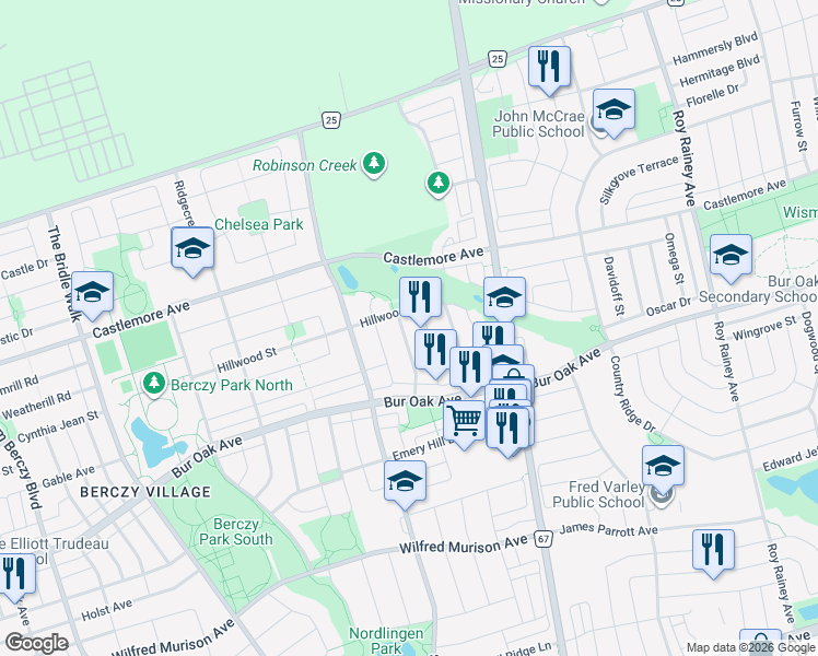 map of restaurants, bars, coffee shops, grocery stores, and more near 42 Charles Sturdy Road in Markham