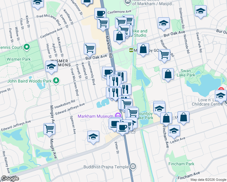 map of restaurants, bars, coffee shops, grocery stores, and more near 224 Edward Jeffreys Avenue in Markham