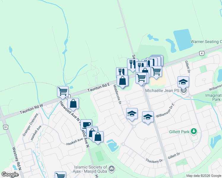 map of restaurants, bars, coffee shops, grocery stores, and more near in Ajax