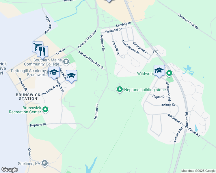 map of restaurants, bars, coffee shops, grocery stores, and more near 6 Lupine Circle in Brunswick