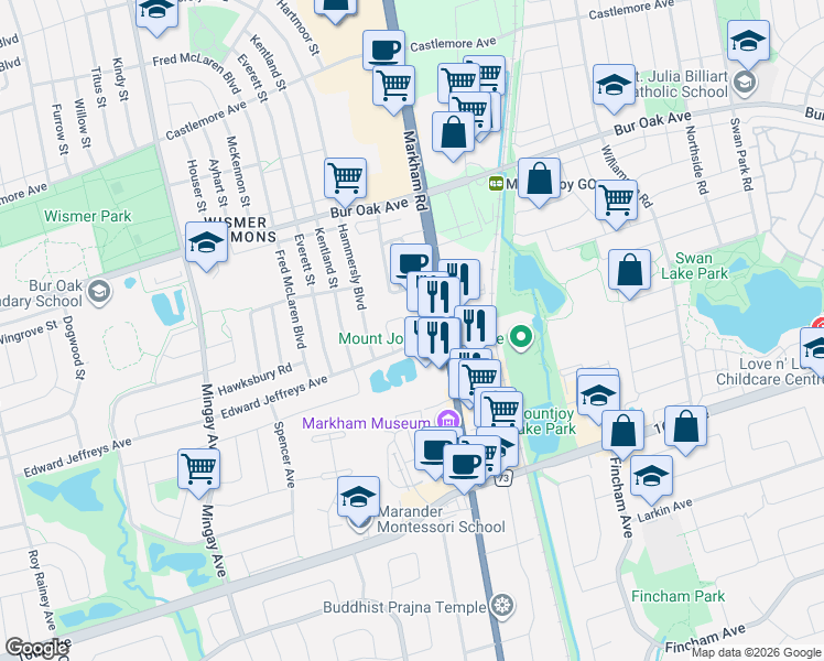 map of restaurants, bars, coffee shops, grocery stores, and more near in Markham