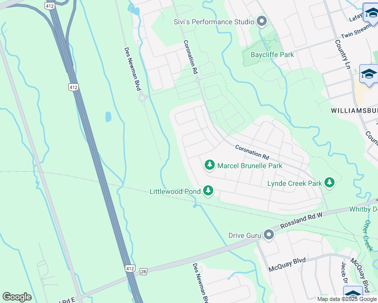map of restaurants, bars, coffee shops, grocery stores, and more near 130 Auckland Drive in Whitby