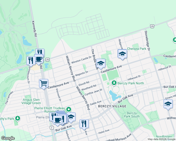 map of restaurants, bars, coffee shops, grocery stores, and more near 116 Majestic Drive in Markham