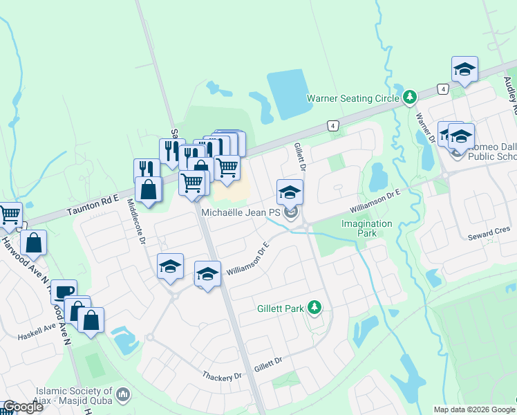 map of restaurants, bars, coffee shops, grocery stores, and more near 4 Gamble Drive in Ajax
