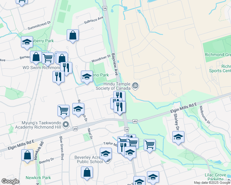 map of restaurants, bars, coffee shops, grocery stores, and more near 64 Leno Mills Avenue in Richmond Hill