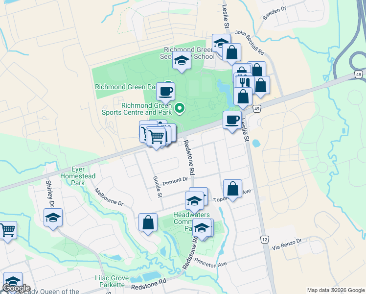 map of restaurants, bars, coffee shops, grocery stores, and more near in Richmond Hill