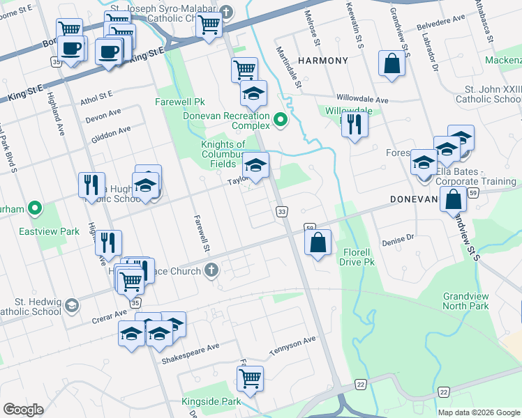 map of restaurants, bars, coffee shops, grocery stores, and more near 786 Eddystone Path in Oshawa