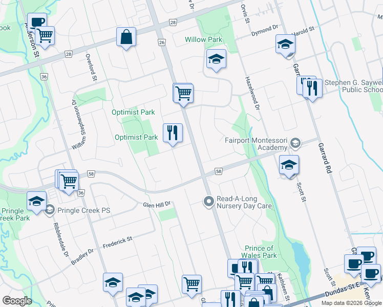 map of restaurants, bars, coffee shops, grocery stores, and more near 152 Thickson Road in Whitby