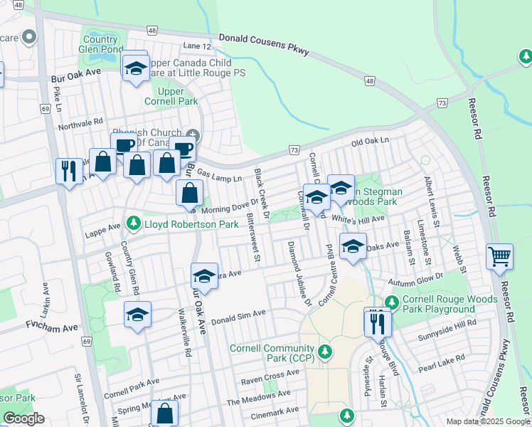 map of restaurants, bars, coffee shops, grocery stores, and more near Black Creek Drive in Markham