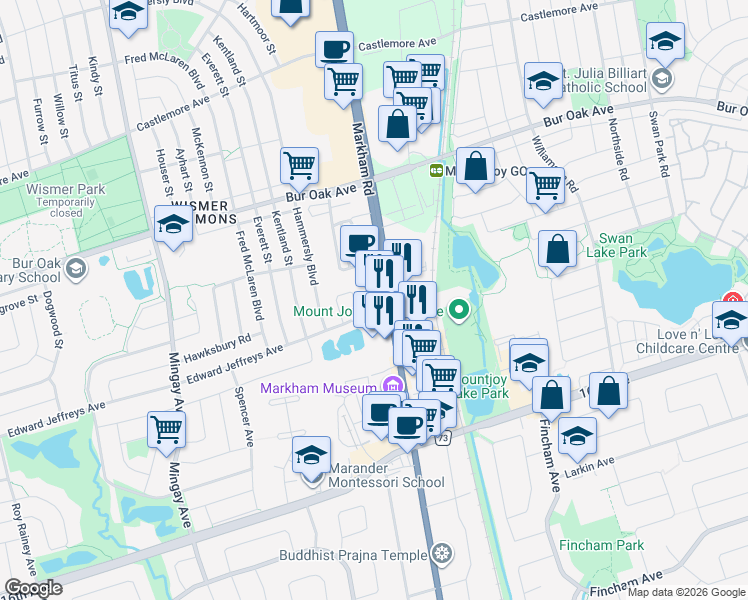 map of restaurants, bars, coffee shops, grocery stores, and more near 9500 Markham Road in Markham