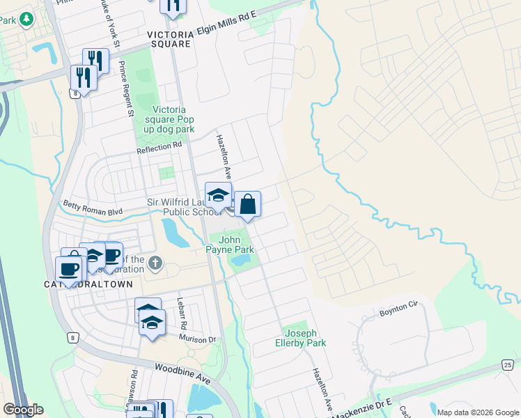 map of restaurants, bars, coffee shops, grocery stores, and more near 15 Atlas Peak Drive in Markham