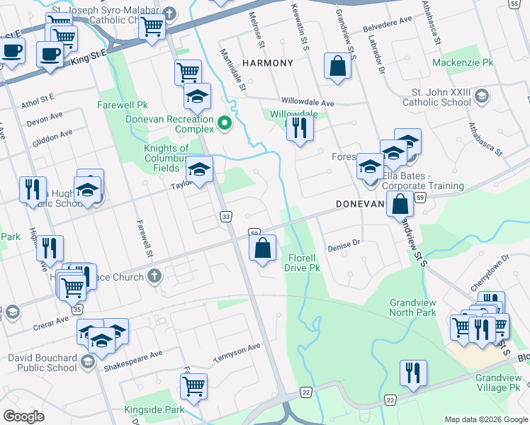 map of restaurants, bars, coffee shops, grocery stores, and more near 899 Florell Drive in Oshawa