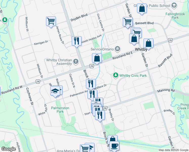 map of restaurants, bars, coffee shops, grocery stores, and more near 16 Sprucedale Way in Whitby