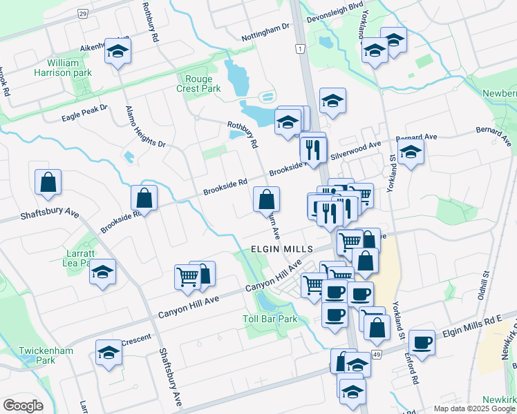 map of restaurants, bars, coffee shops, grocery stores, and more near 19 Brookgreene Crescent in Richmond Hill