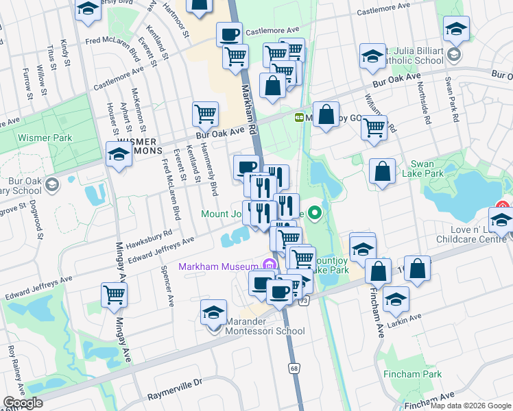map of restaurants, bars, coffee shops, grocery stores, and more near 9500 Markham Road in Markham