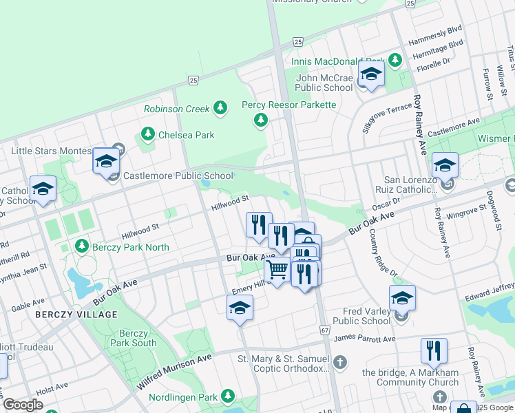 map of restaurants, bars, coffee shops, grocery stores, and more near 75 Briarcrest Drive in Markham