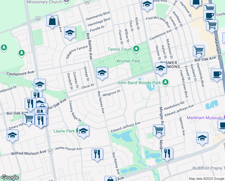 map of restaurants, bars, coffee shops, grocery stores, and more near 37 Baintree Street in Markham