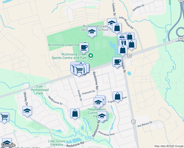 map of restaurants, bars, coffee shops, grocery stores, and more near William Adams Lane in Richmond Hill