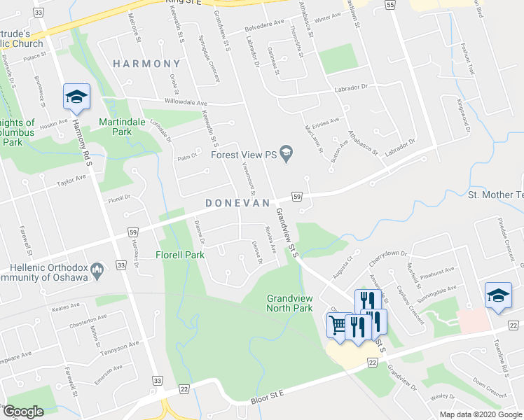map of restaurants, bars, coffee shops, grocery stores, and more near 1065 Olive Avenue in Oshawa