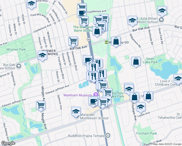 map of restaurants, bars, coffee shops, grocery stores, and more near 9500 Markham Road in Markham