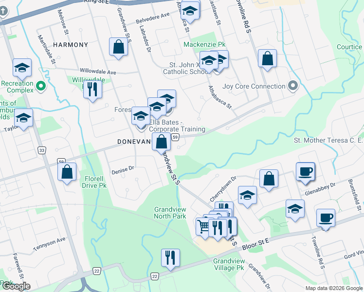 map of restaurants, bars, coffee shops, grocery stores, and more near Ellesmere Court in Oshawa