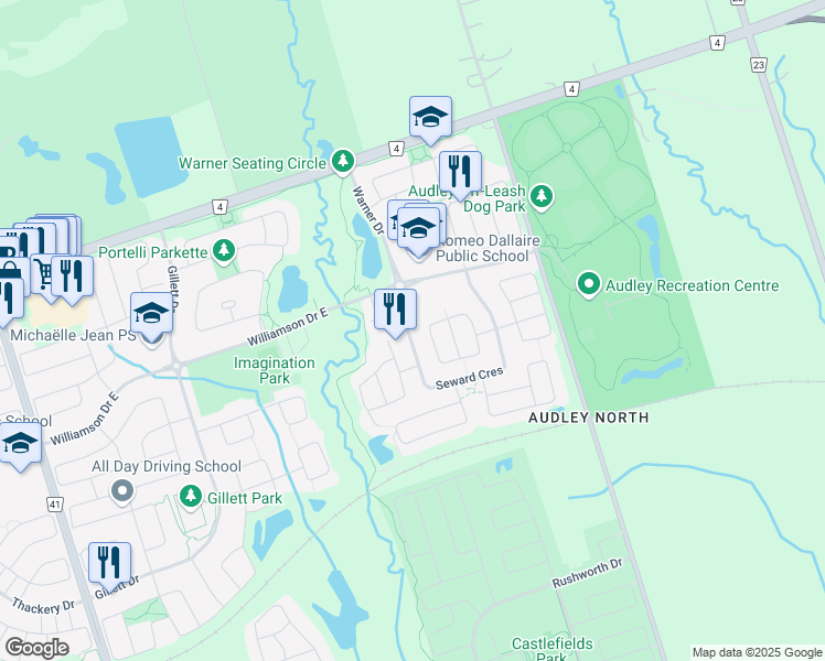 map of restaurants, bars, coffee shops, grocery stores, and more near 23 Seward Drive in Ajax