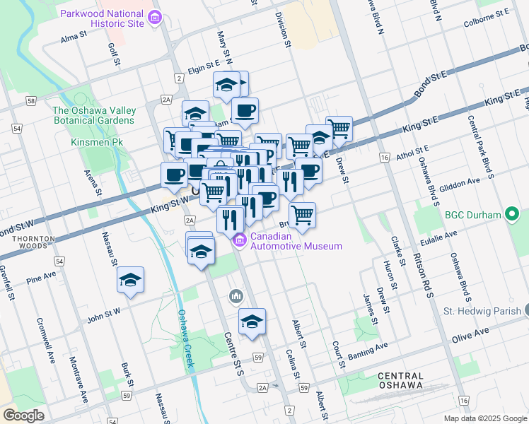 map of restaurants, bars, coffee shops, grocery stores, and more near in Oshawa