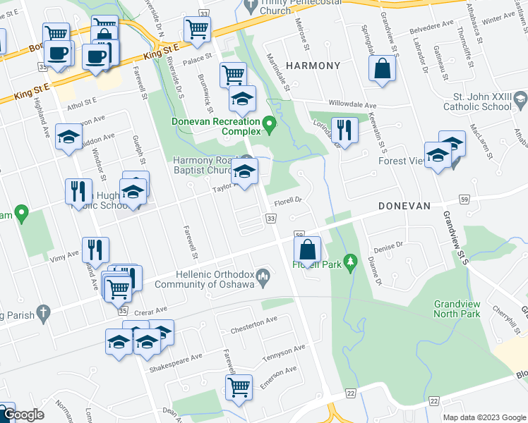 map of restaurants, bars, coffee shops, grocery stores, and more near 402 Okanagan Path in Oshawa