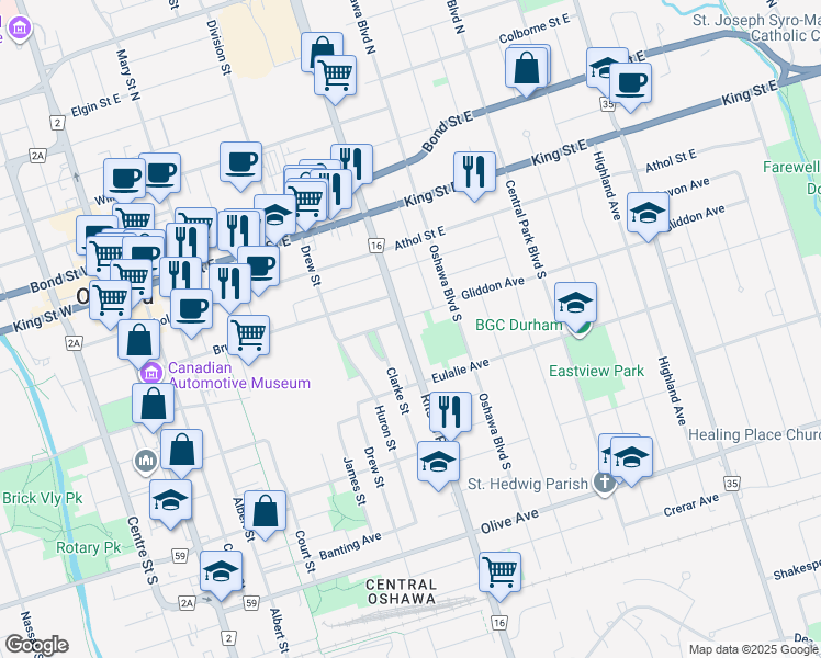 map of restaurants, bars, coffee shops, grocery stores, and more near 123 Ritson Road South in Oshawa