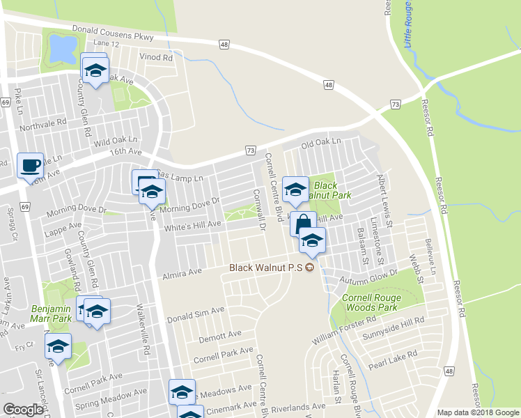 map of restaurants, bars, coffee shops, grocery stores, and more near Cornwall Drive in Markham