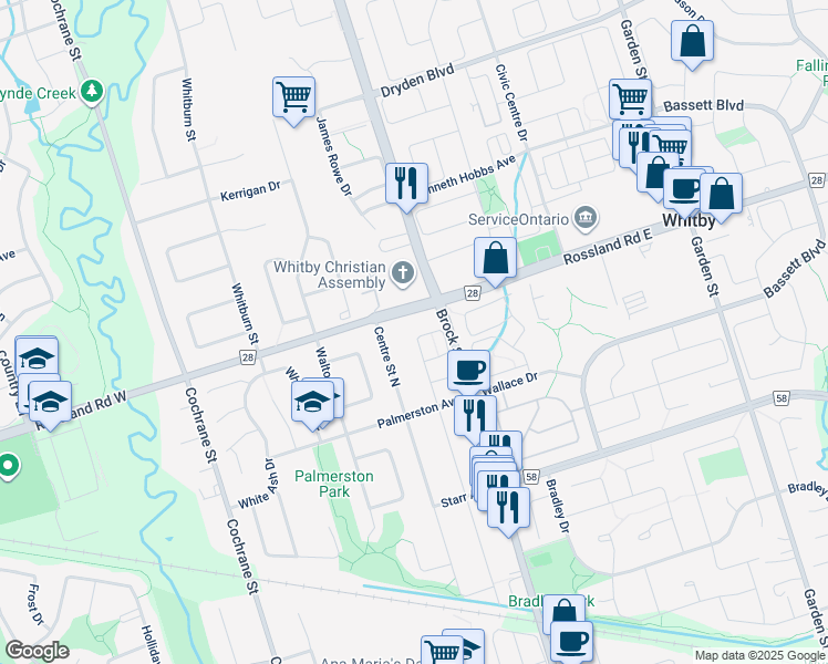 map of restaurants, bars, coffee shops, grocery stores, and more near 1058 Byron Street North in Whitby