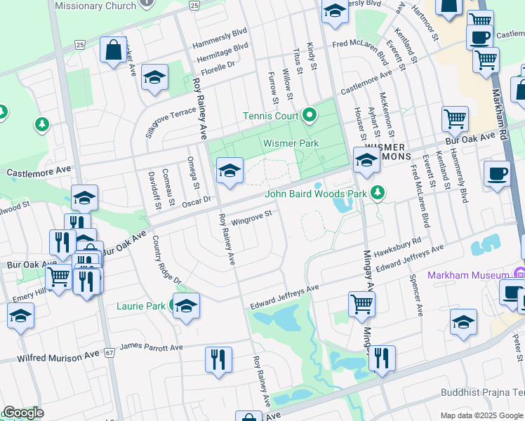 map of restaurants, bars, coffee shops, grocery stores, and more near 50 Wingrove Street in Markham