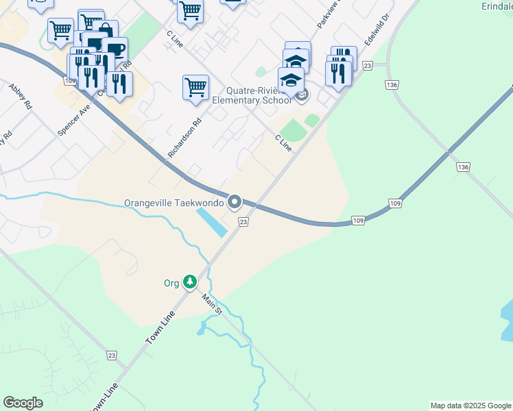 map of restaurants, bars, coffee shops, grocery stores, and more near Town Line in Orangeville