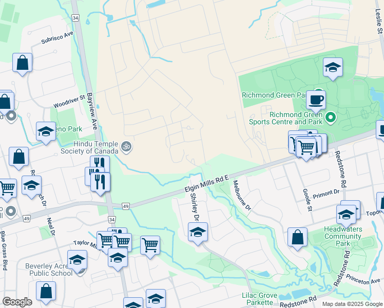 map of restaurants, bars, coffee shops, grocery stores, and more near 1000 Elgin Mills Road East in Richmond Hill