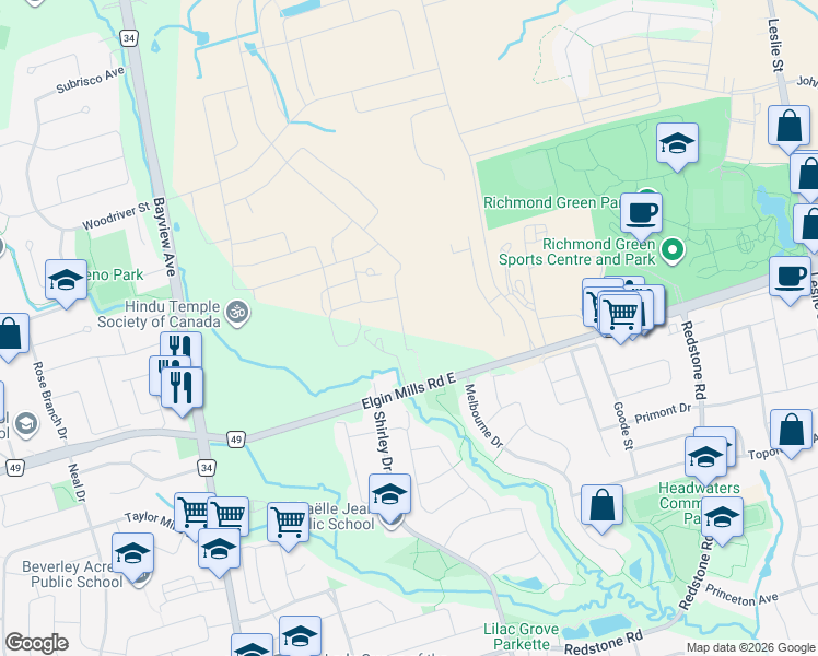 map of restaurants, bars, coffee shops, grocery stores, and more near 9 Steckley House Lane in Richmond Hill