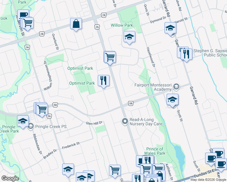 map of restaurants, bars, coffee shops, grocery stores, and more near 156 Thickson Road in Whitby