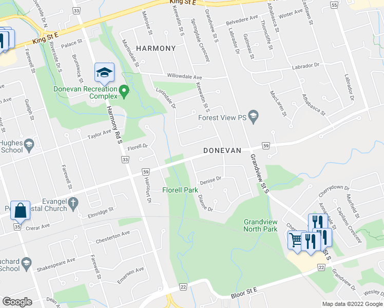 map of restaurants, bars, coffee shops, grocery stores, and more near 960 Olive Avenue in Oshawa
